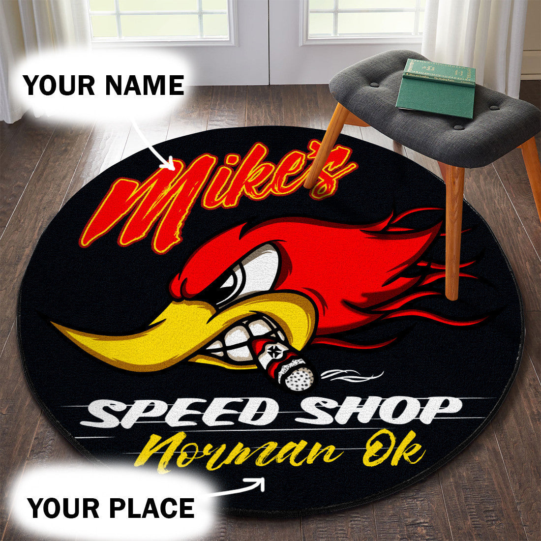 Personalized Hot Rod Garage Speed Shop Round Mat Round Floor Mat Room Rugs Carpet Outdoor Rug Washable Rugs