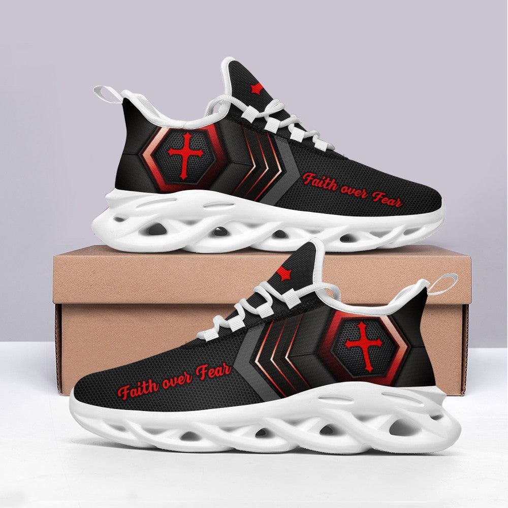 Christian Best Running Shoes, Jesus Faith Over Fear Running Sneakers Red Black Max Soul Shoes For Men And Women, Jesus Fashion Shoes