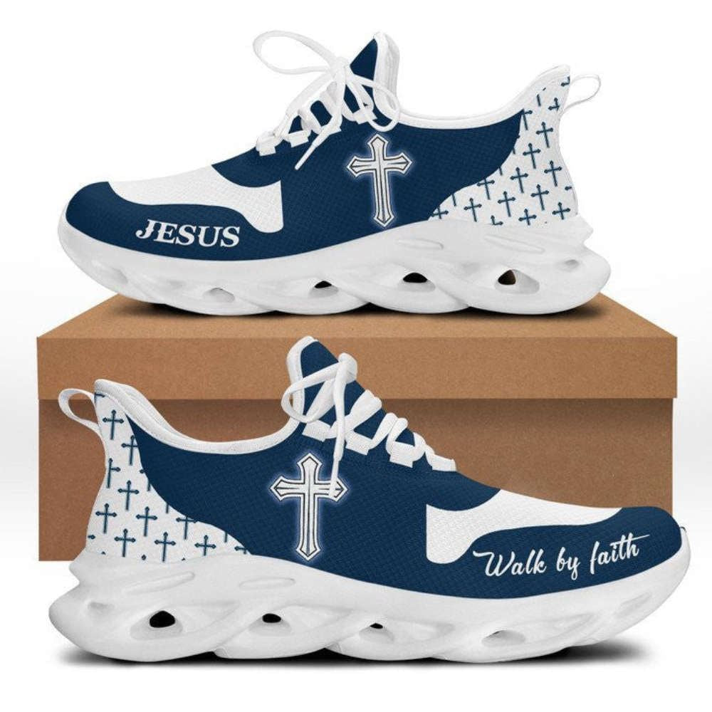 Christian Best Running Shoes, Jesus Walk By Faith Running Sneakers Blue White Max Soul Shoes For Men And Women, Jesus Fashion Shoes