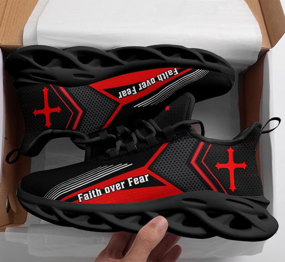 Christian Best Running Shoes, Jesus Faith Over Fear Running Sneakers Red Max Soul Shoes For Men And Women, Jesus Fashion Shoes