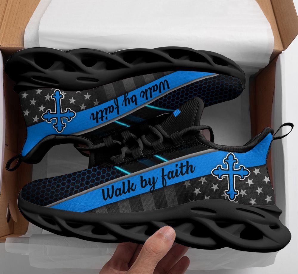 Christian Best Running Shoes, Jesus Blue Walk By Faith Running Sneakers Max Soul Shoes For Men And Women, Jesus Fashion Shoes