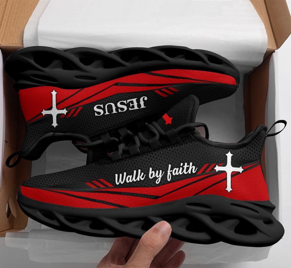 Christian Best Running Shoes, Jesus Walk By Faith Red Running Shoes Max Soul Shoes For Men And Women, Jesus Fashion Shoes