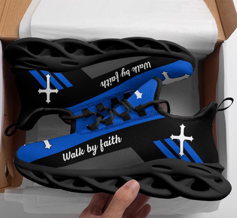 Christian Best Running Shoes, Jesus Blue Walk By Faith Running Christ Sneakers Max Soul Shoes For Men And Women, Jesus Fashion Shoes