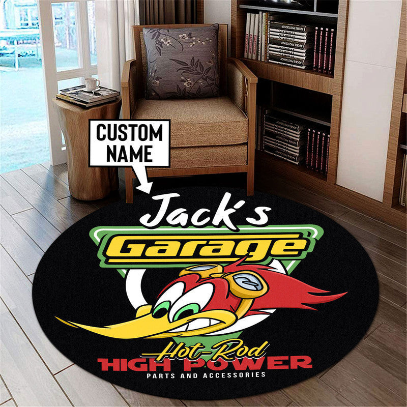 Personalized Hot Rod Garage Woodpecker Round Mat Round Floor Mat Room Rugs Carpet Outdoor Rug Washable Rugs