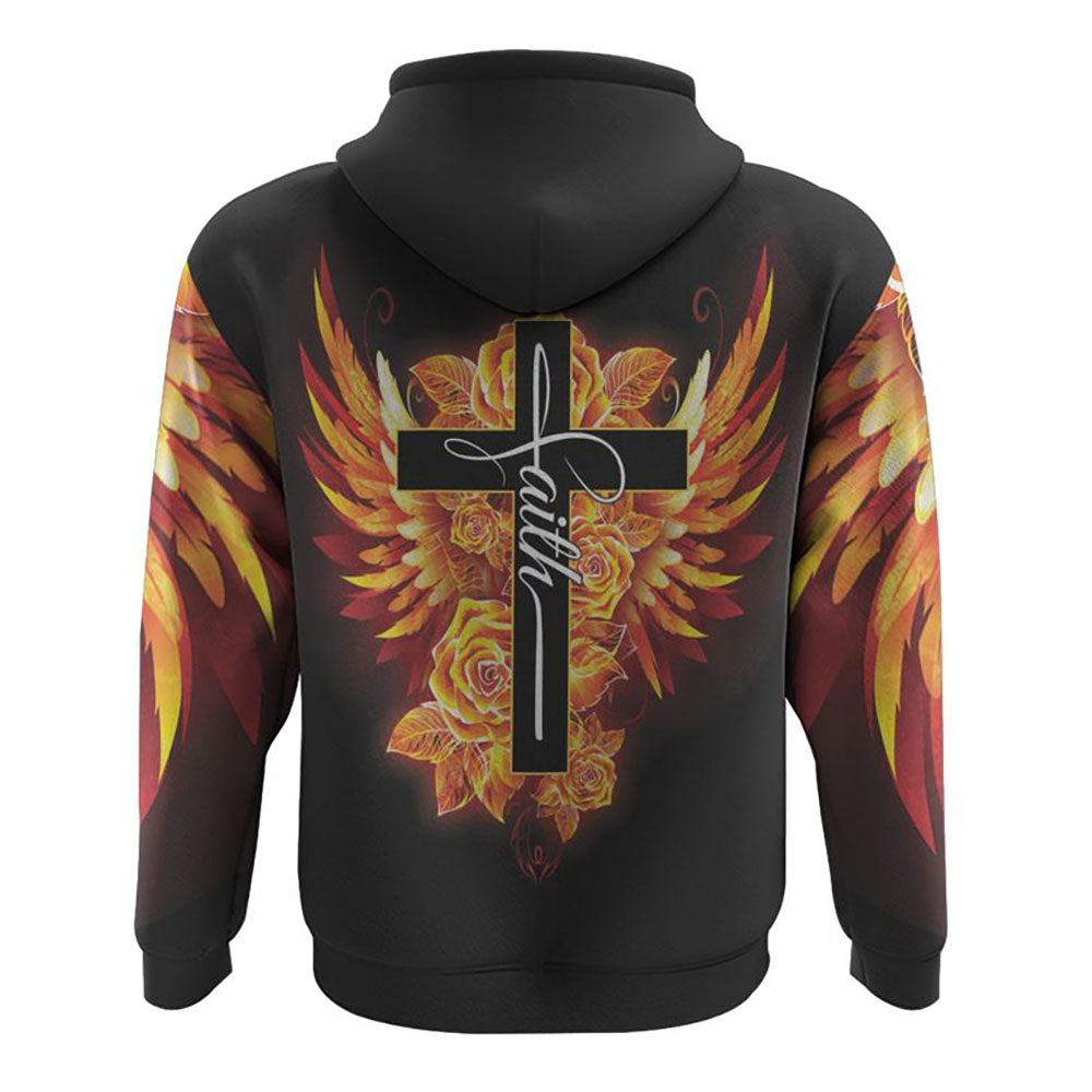 Faith Cross Rose Wings Golden All Over Print 3D Hoodie, Christian Hoodie, Christian Sweatshirt, Bible Verse Shirt