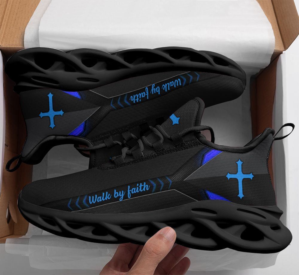 Christian Best Running Shoes, Jesus Walk By Faith Running Sneakers Blue Christ Black Max Soul Shoes For Men And Women, Jesus Fashion Shoes