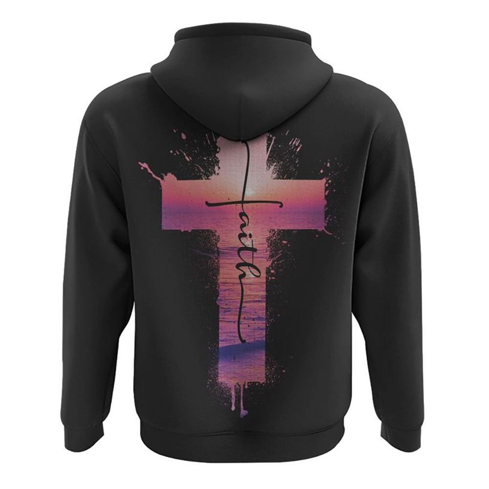 Faith Cross Pink Sunset Beach All Over Print 3D Hoodie, Christian Hoodie, Christian Sweatshirt, Bible Verse Shirt