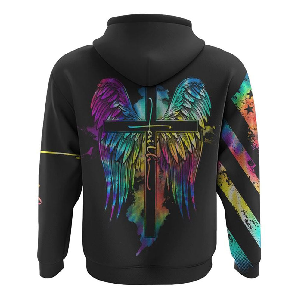 Faith Cross Wings Colorful All Over Print 3D Hoodie, Christian Hoodie, Christian Sweatshirt, Bible Verse Shirt