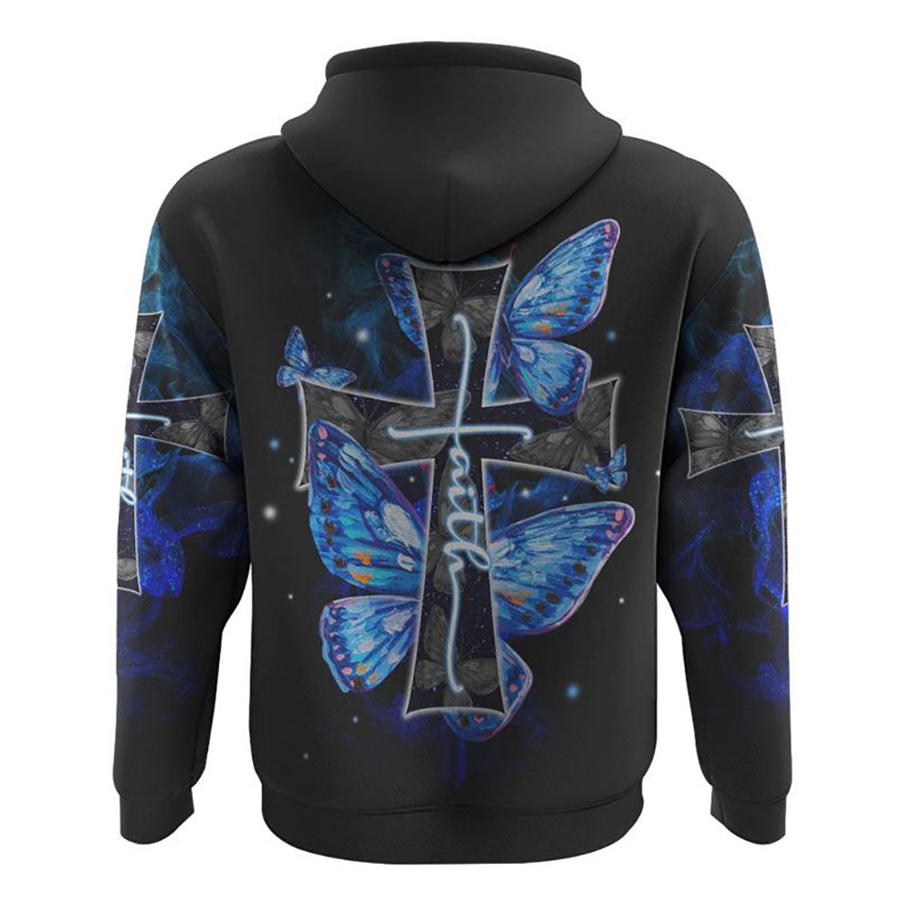 Faith Cross Blue Butterfly Smoke All Over Print 3D Hoodie, Christian Hoodie, Christian Sweatshirt, Bible Verse Shirt