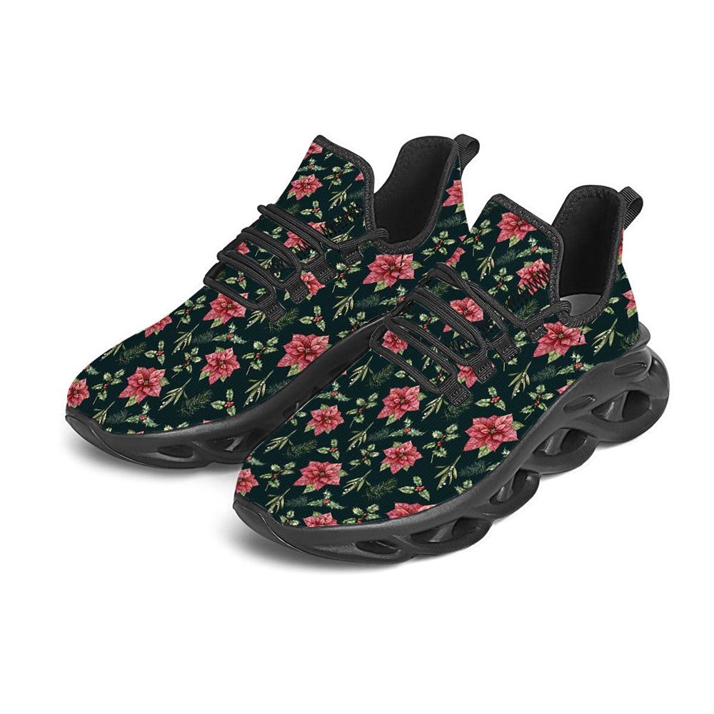 Poinsettia Christmas Watercolor Print Pattern Black Max Soul Shoes For Men Women, Best Running Sneaker, Christmas Shoes, Winter Fashion Shoes