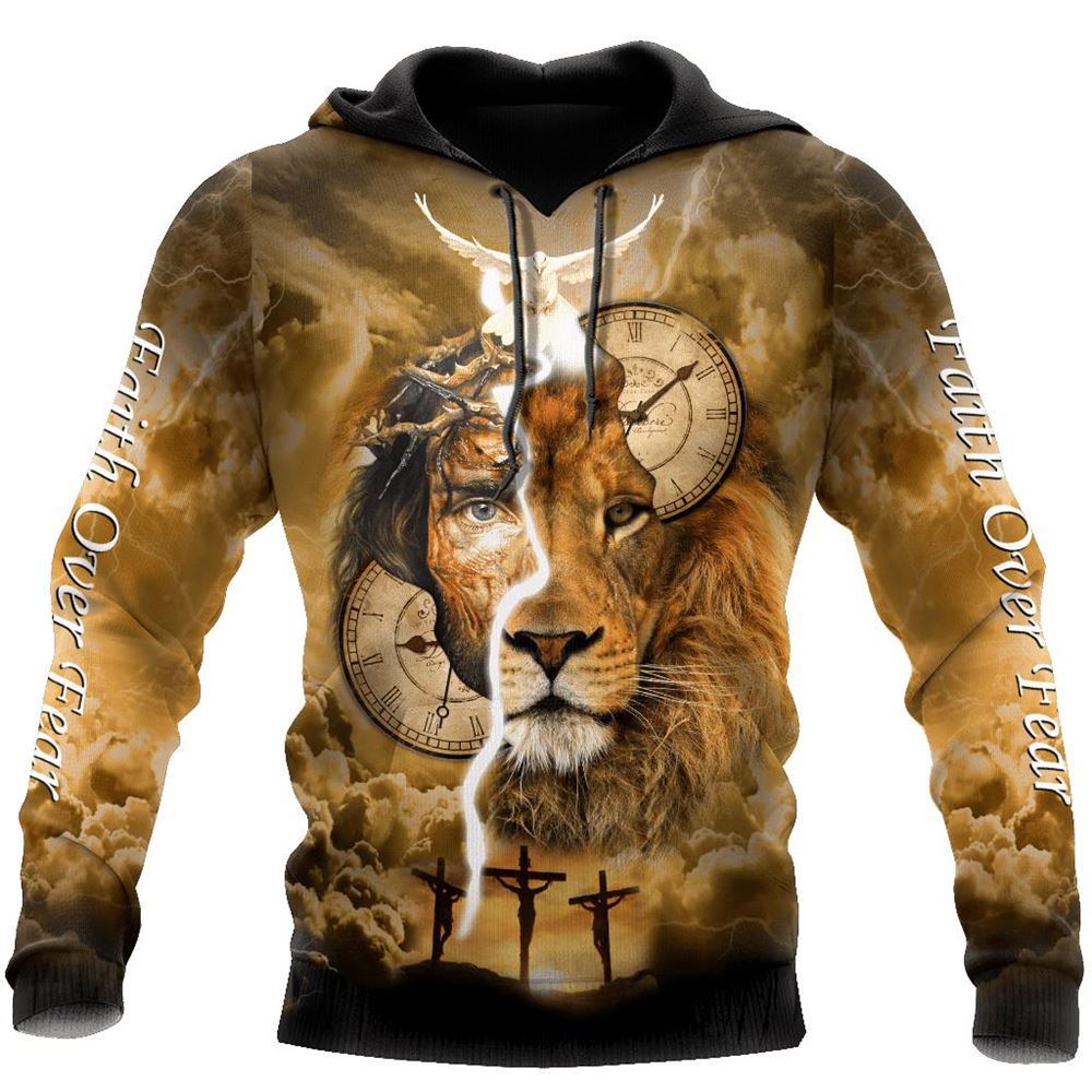 Failth Over Fear Lion Jesus God 3D Hoodie For Man And Women, Jesus Printed 3D Hoodie