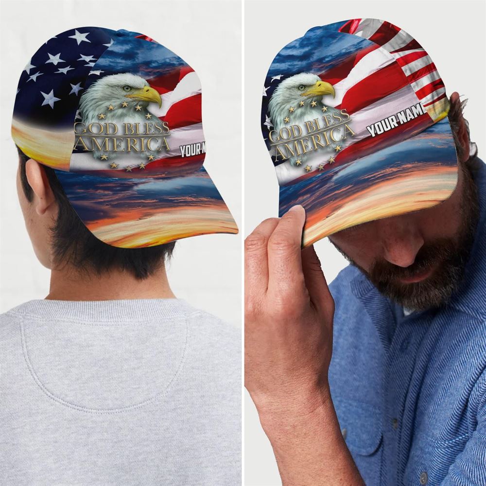 Us Flag With Cool Eagle God Bless America Custom Name Baseball Cap, Christian Baseball Cap, Religious Cap, Jesus Gift, Jesus Hat