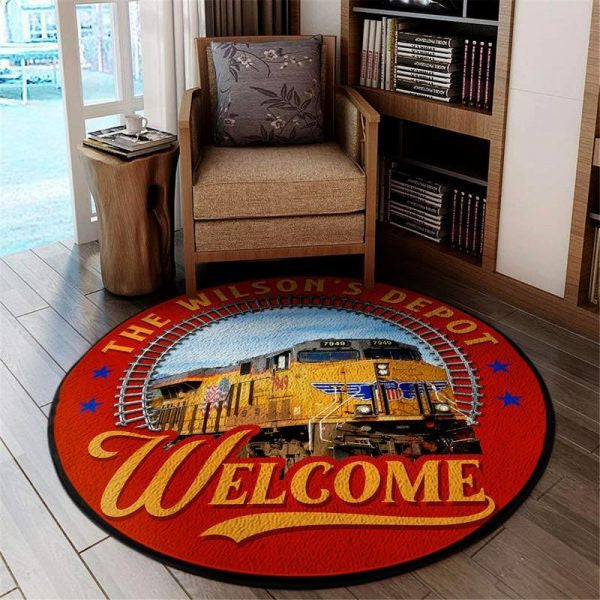 Personalized Union Pacific Train Depot Welcome Round Mat