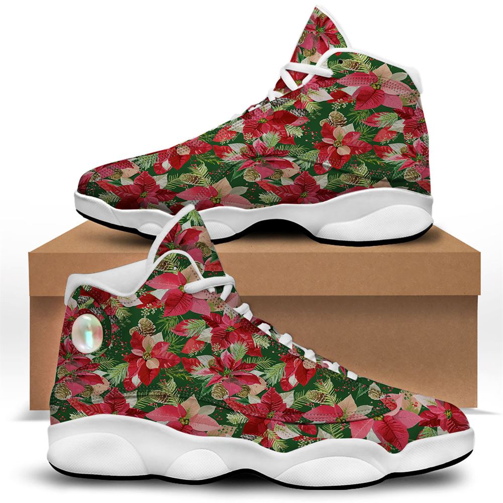 Christmas Basketball Shoes, Poinsettia Christmas Vintage Print Pattern Jd13 Shoes For Men Women, Christmas Fashion Shoes