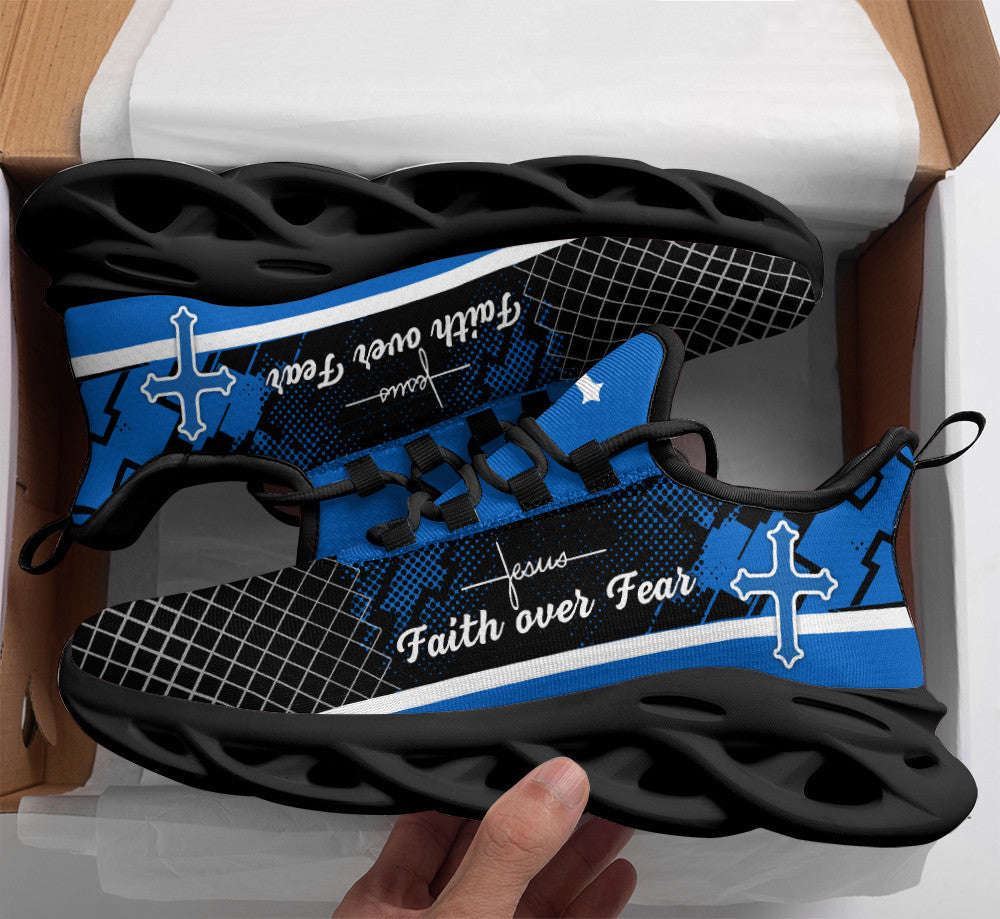 Christian Best Running Shoes, Jesus Blue Faith Over Fear Running Sneakers Max Soul Shoes For Men And Women, Jesus Fashion Shoes