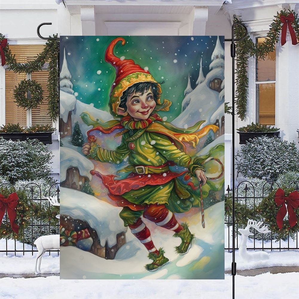 Yuletide Glee The Elf's Winter Waltz Flag, Christmas Garden Flag, Home Decor Accessories, Christmas Outdoor Decor Ideas