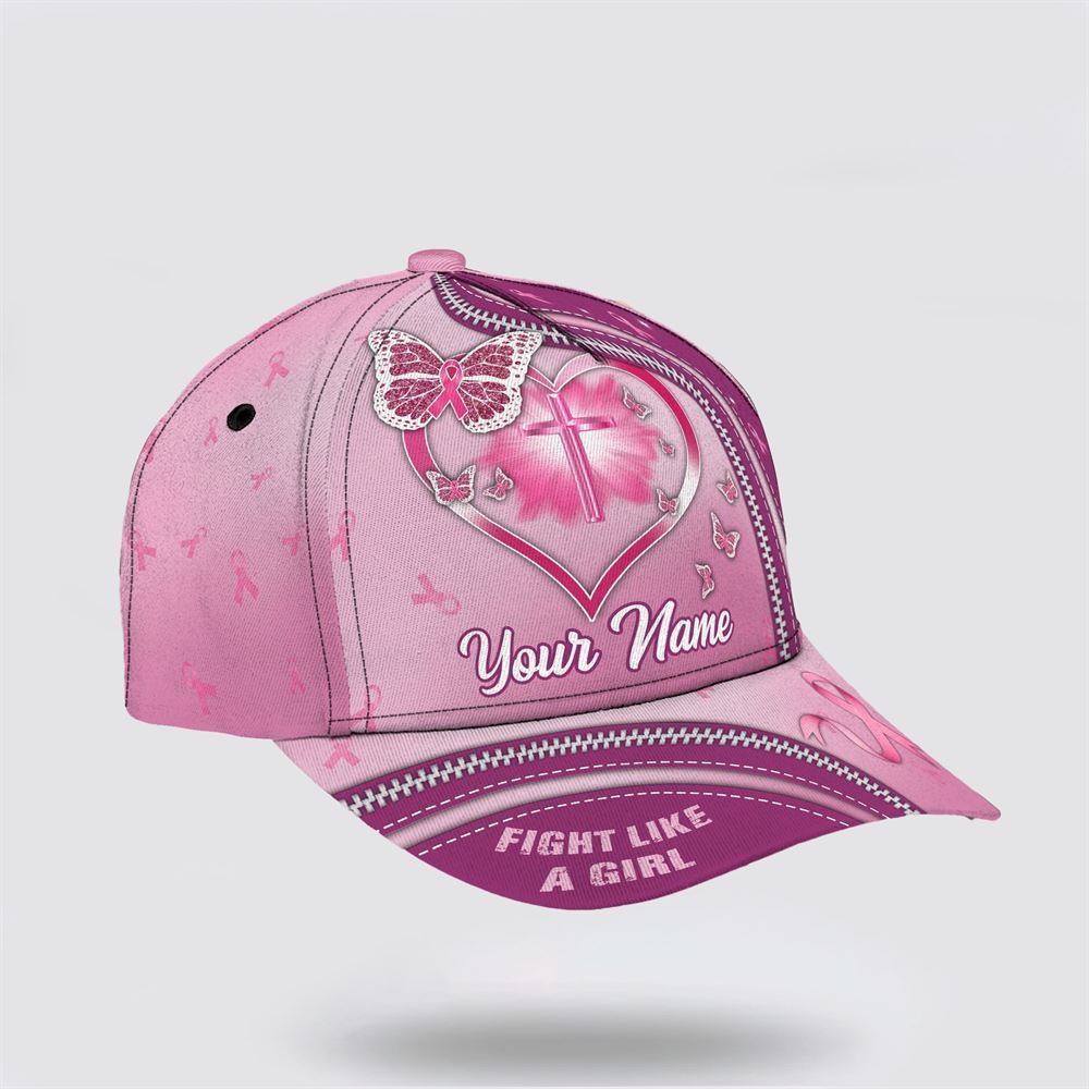 Customized Breast Cancer Awareness Fight Like A Girl Cross And Butterfly Print Baseball Cap, Gifts For Breast Cancer Patients, Breast Cancer Hat