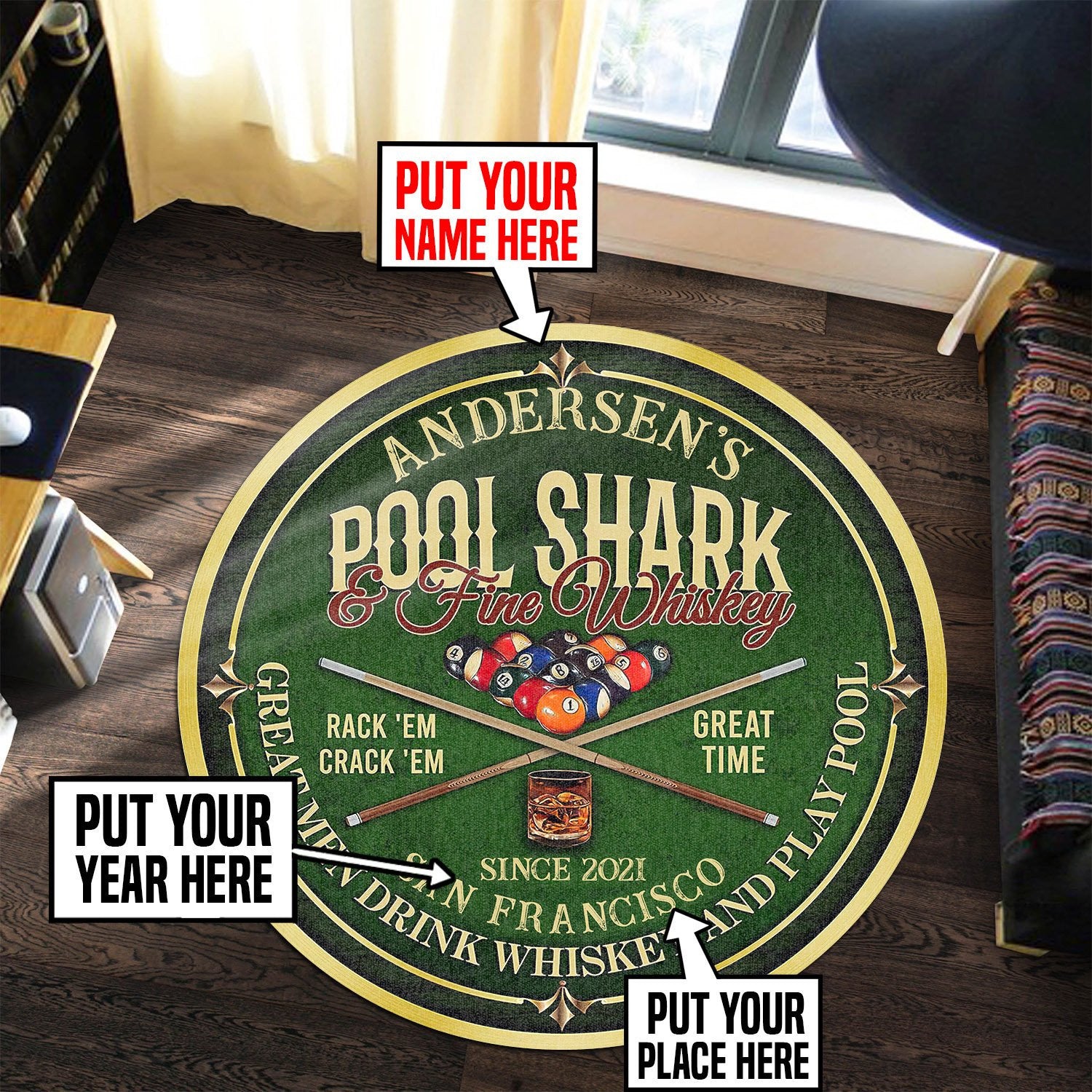 Personalized Pool Shark And Whiskey Billiard Room Round Mat Round Floor Mat Room Rugs Carpet Outdoor Rug Washable Rugs