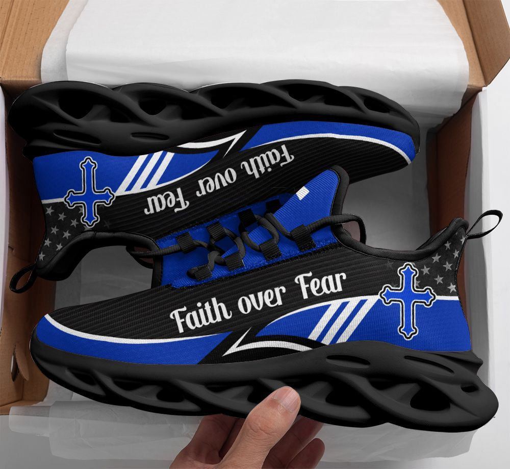 Christian Best Running Shoes, Blue Jesus Faith Over Fear Running Sneakers Max Soul Shoes For Men And Women, Jesus Fashion Shoes