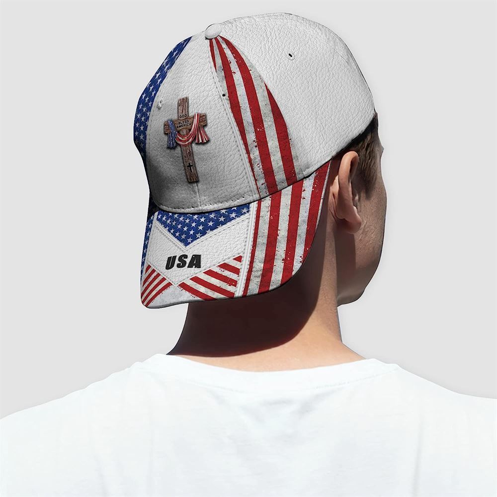 American Flag On Cross God Bless America All Over Print Baseball Cap, God Cap, Gift Ideas For Male