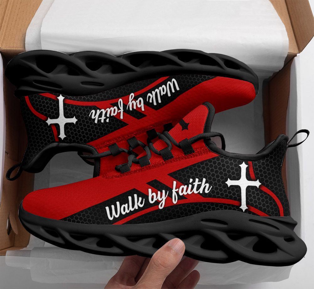 Christian Best Running Shoes, Jesus Walk By Faith Running Sneakers Red Christ Black Max Soul Shoes For Men And Women, Jesus Fashion Shoes