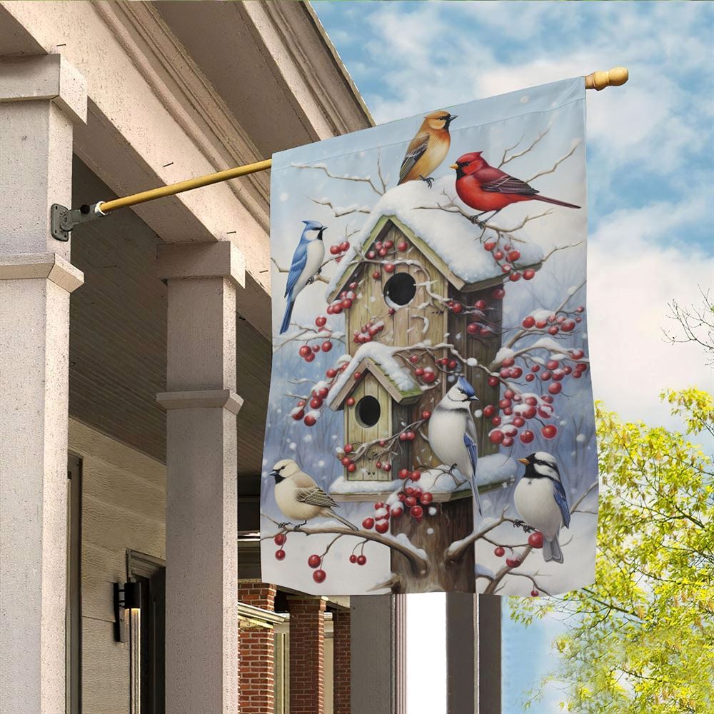 Winter Gathering At The Berry Laden Birdhouse Flag, Christmas Notre Dame House Flag, Christmas Outdoor Decor Ideas