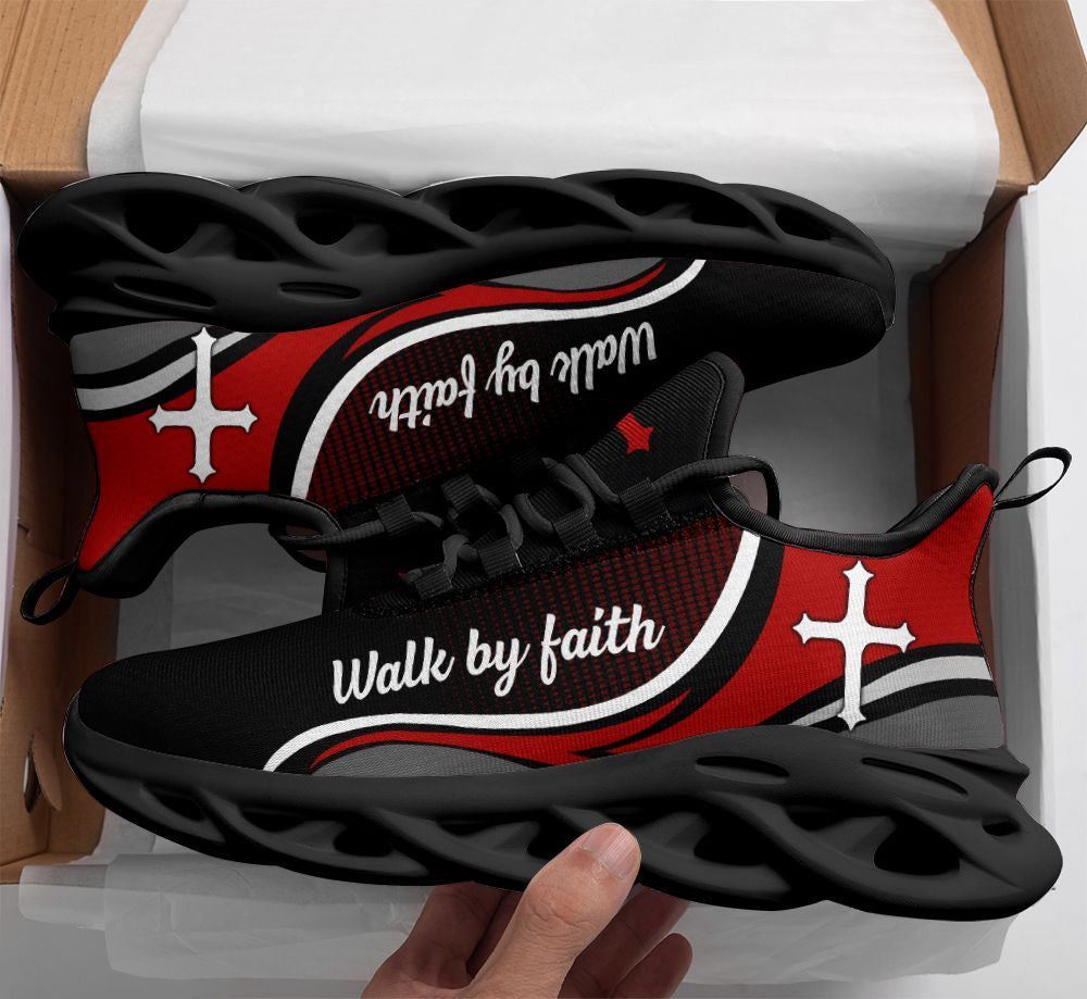 Christian Best Running Shoes, Jesus Walk By Faith Running Sneakers Red Black Max Soul Shoes For Men And Women, Jesus Fashion Shoes