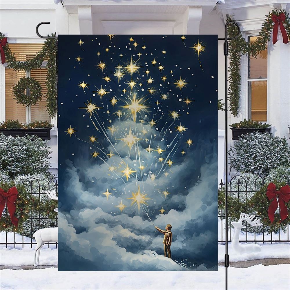 Young Boy Touch The Starlight Flag, Christmas Garden Flag, Home Decor Accessories, Christmas Outdoor Decor Ideas