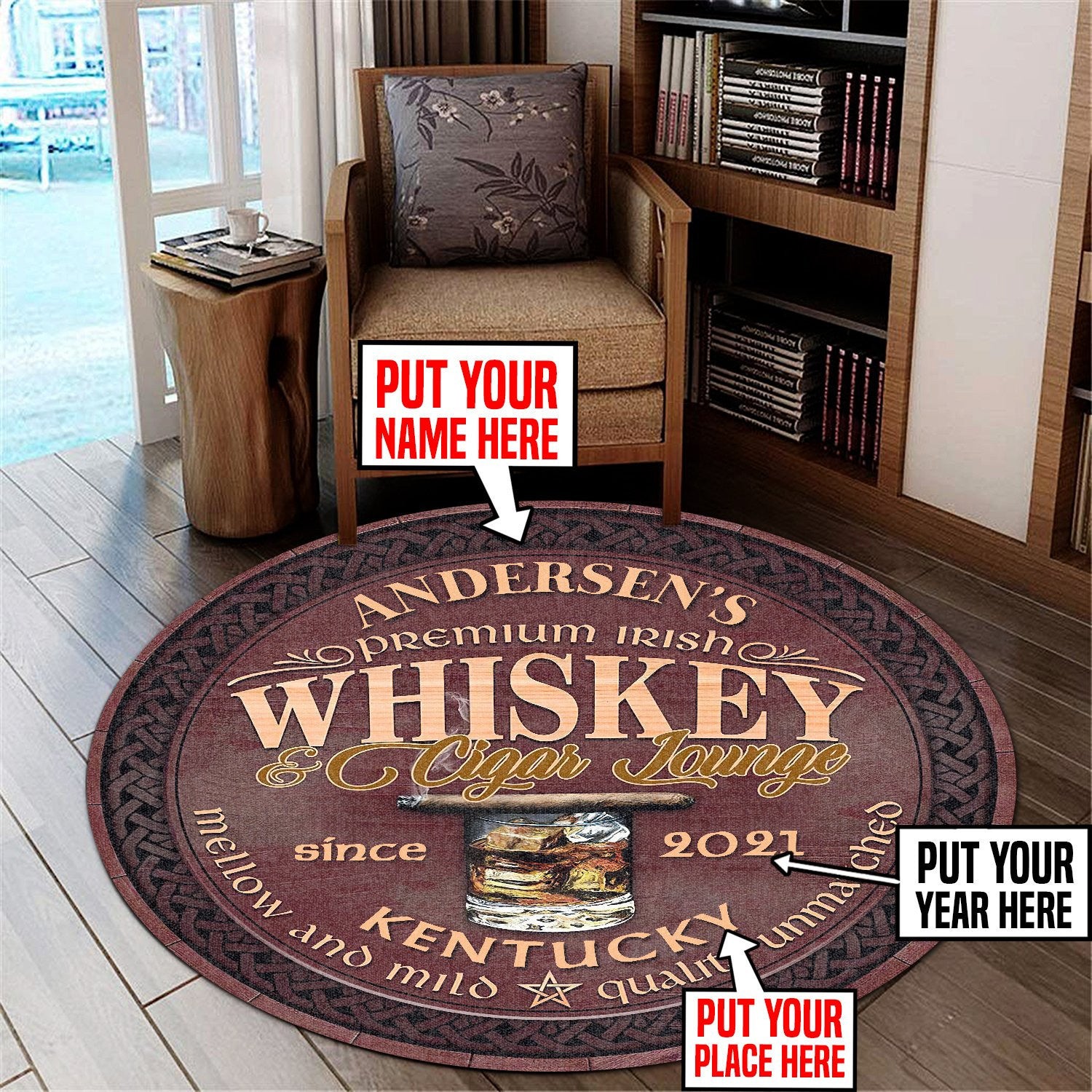 Personalized Whiskey Cigar Lounge Round Mat Round Floor Mat Room Rugs Carpet Outdoor Rug Washable Rugs