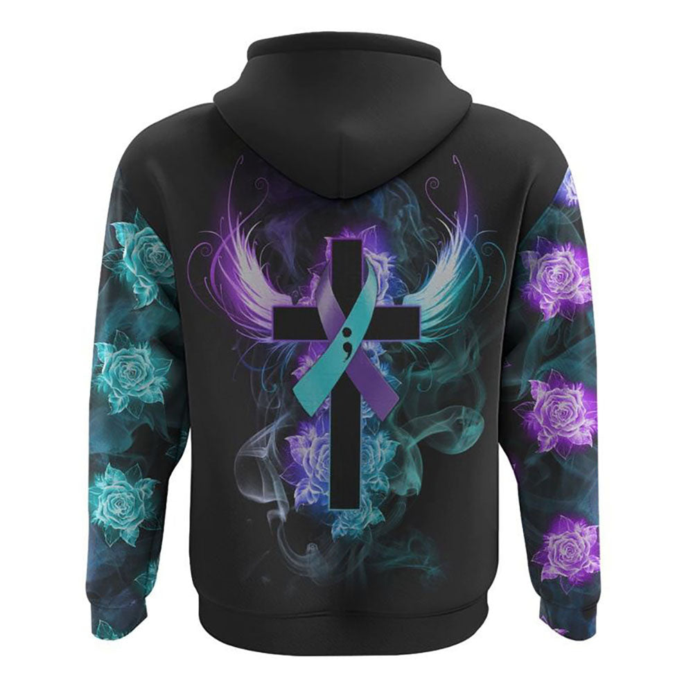 Blue Purple Wing Rose Cross Smoke All Over Print 3D Hoodie, Christian Hoodie, Christian Sweatshirt, Bible Verse Shirt