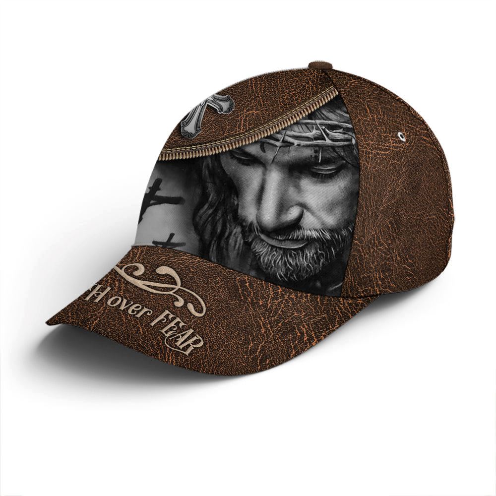 Classic Leather Style Faith Over Fear All Over Print Baseball Cap, God Cap, Gift Ideas For Male