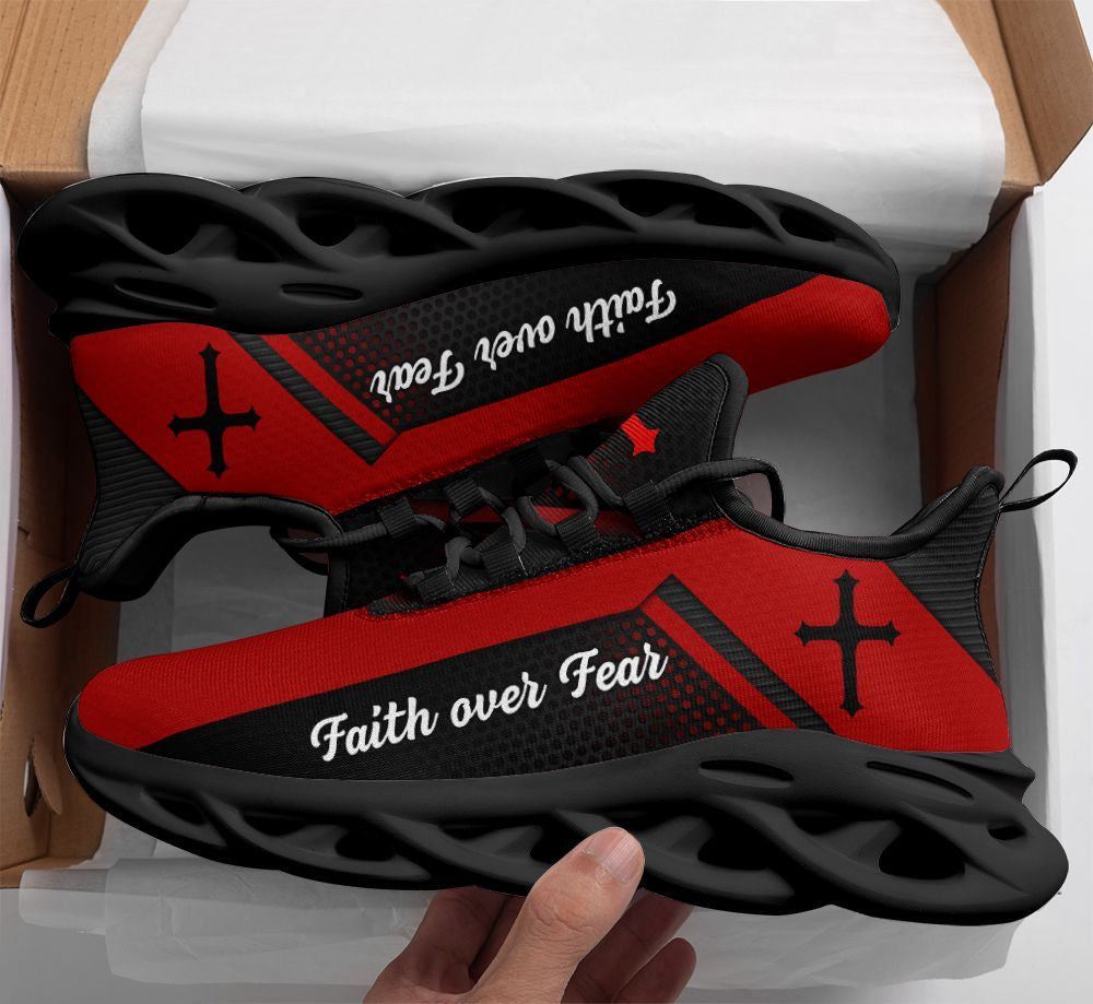 Christian Best Running Shoes, Jesus Faith Over Fear Red Running Sneakers Max Soul Shoes For Men And Women, Jesus Fashion Shoes