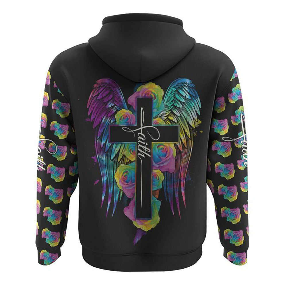 Cross Rose Wings Colorful All Over Print 3D Hoodie, Christian Hoodie, Christian Sweatshirt, Bible Verse Shirt