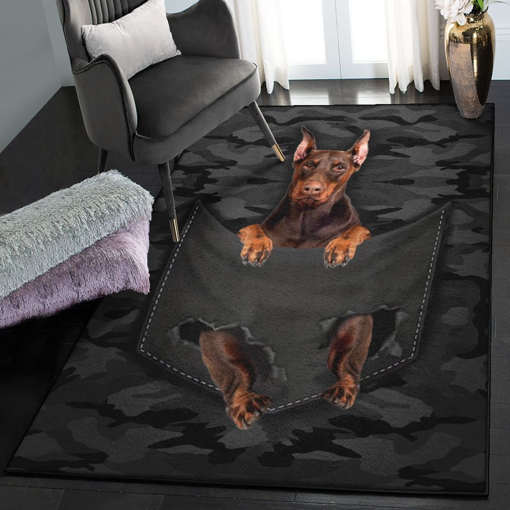 Dog Dining Room Rug Doberman Dog Pocket Rug Rectangle Rugs Washable Area Rug Non-Slip Carpet For Living Room Bedroom