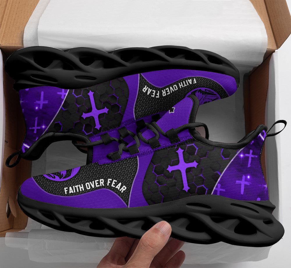 Christian Best Running Shoes, Jesus Faith Over Fear Running Sneakers Purple Max Soul Shoes For Men And Women, Jesus Fashion Shoes