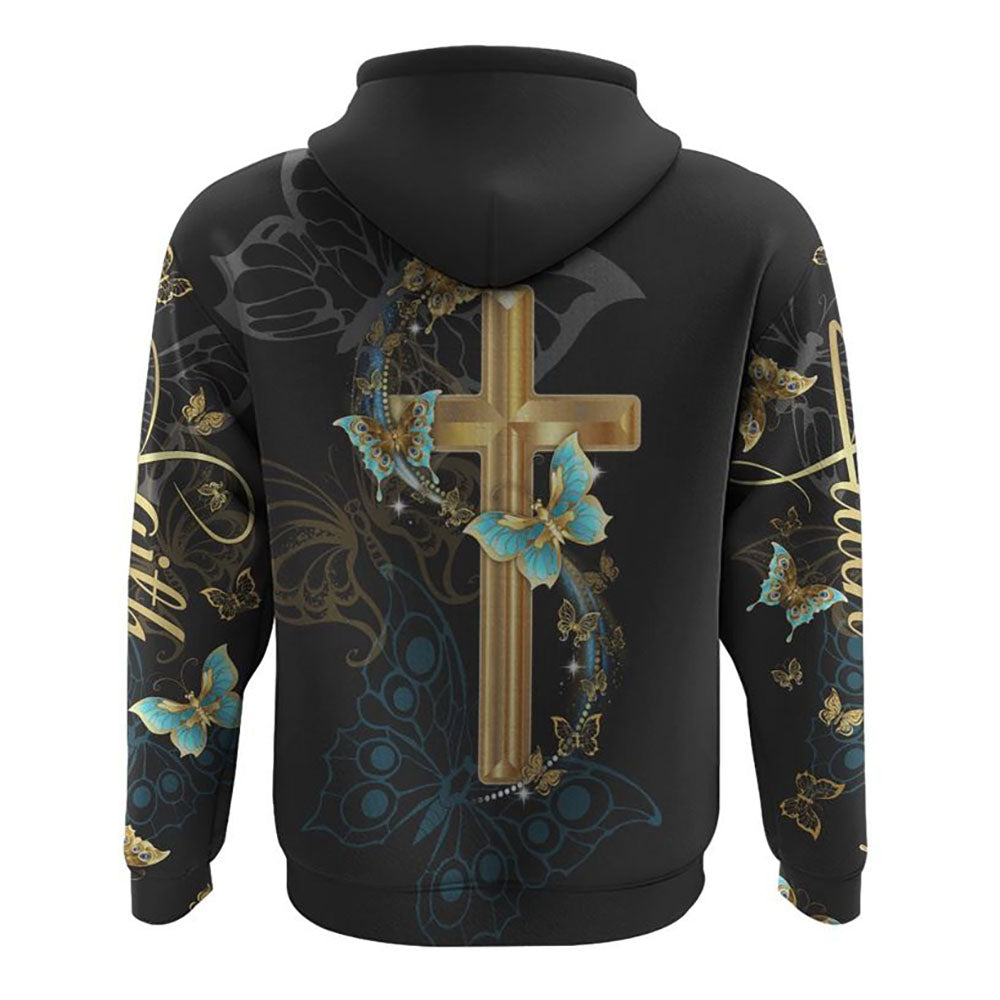 Faith Gold Cross Butterfly All Over Print 3D Hoodie, Christian Hoodie, Christian Sweatshirt, Bible Verse Shirt