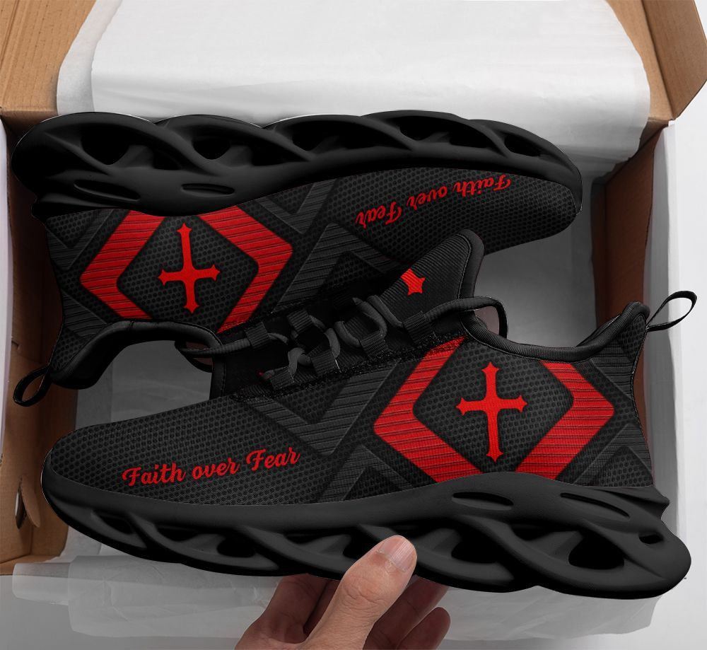 Christian Best Running Shoes, Jesus Faith Over Fear Running Sneakers Red And Black Max Soul Shoes For Men And Women, Jesus Fashion Shoes