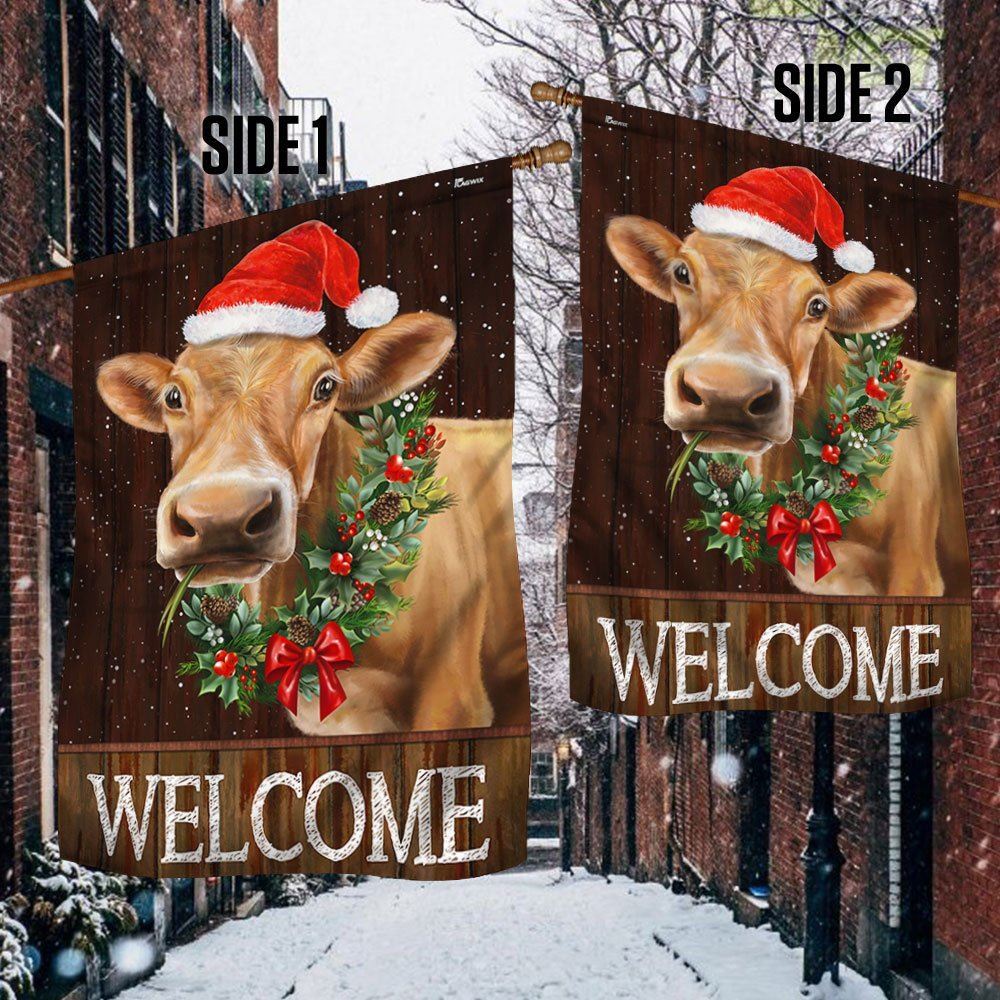 Welcome Farm Funny Cow Cattle Christmas Flag, Christmas Garden Flag, Home Decor Accessories, Christmas Outdoor Decor Ideas