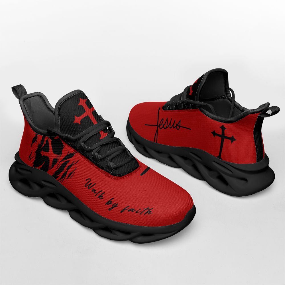 Christian Best Running Shoes, Jesus Red Walk By Faith Running Sneakers Max Soul Shoes For Men And Women, Jesus Fashion Shoes