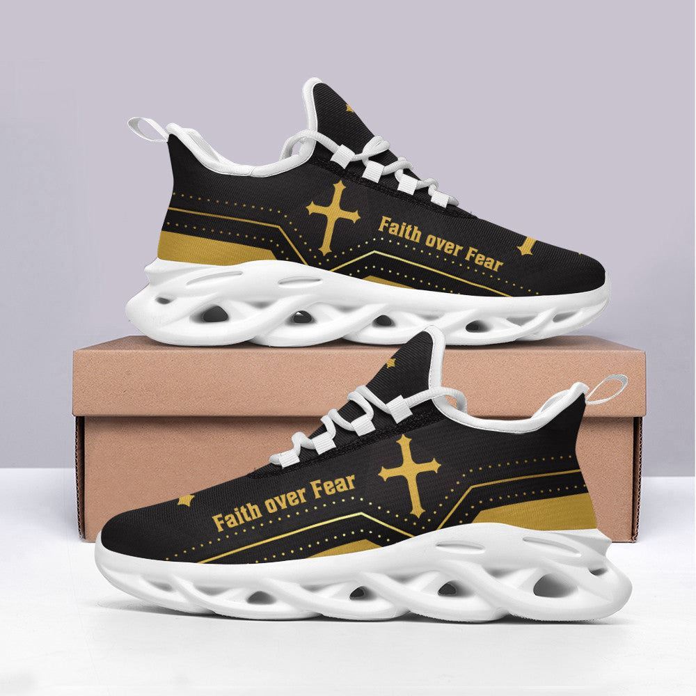 Christian Best Running Shoes, Jesus Yellow Faith Over Fear Running Sneakers Max Soul Shoes For Men And Women, Jesus Fashion Shoes