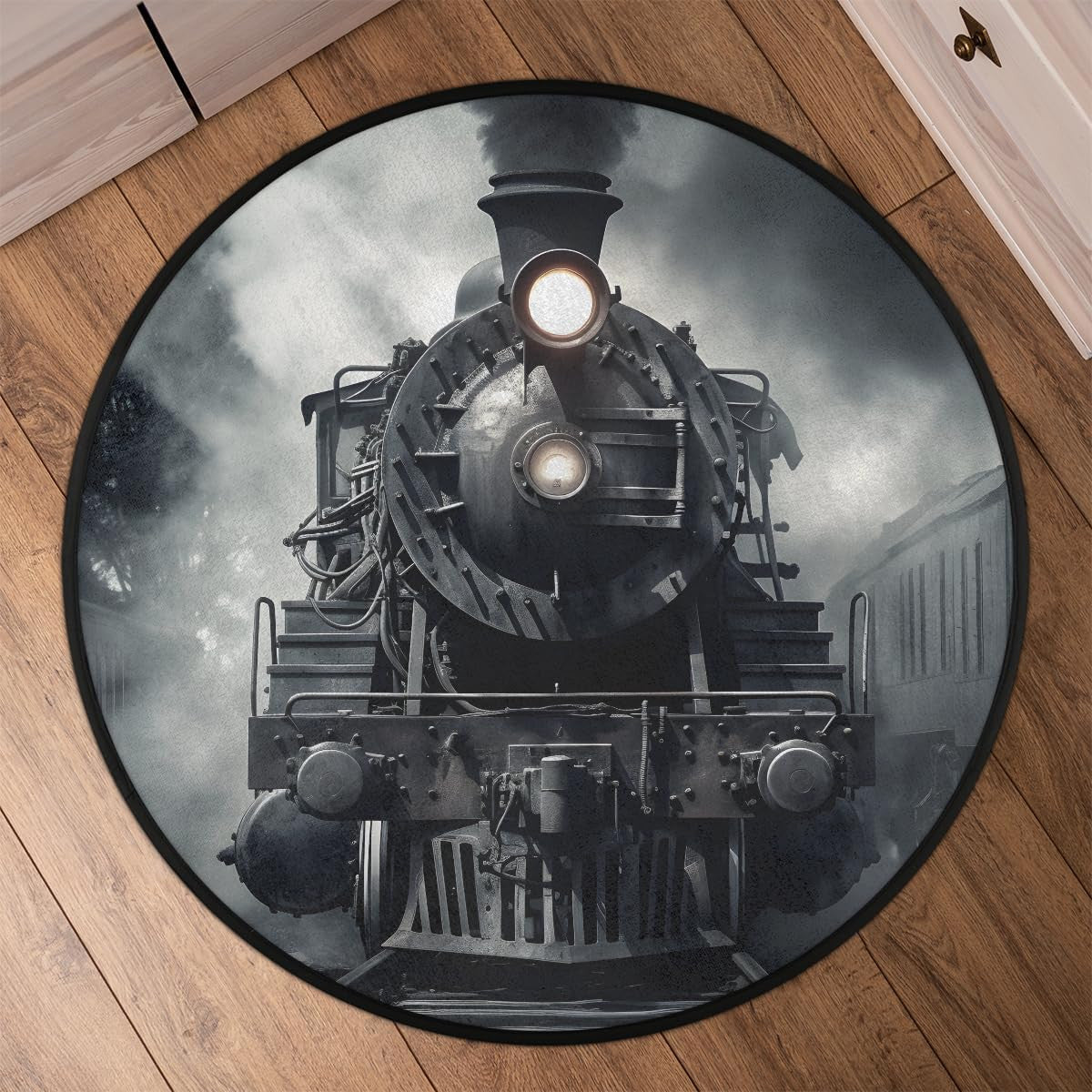 Vintage Locomotive Train Black Printed Round Mat