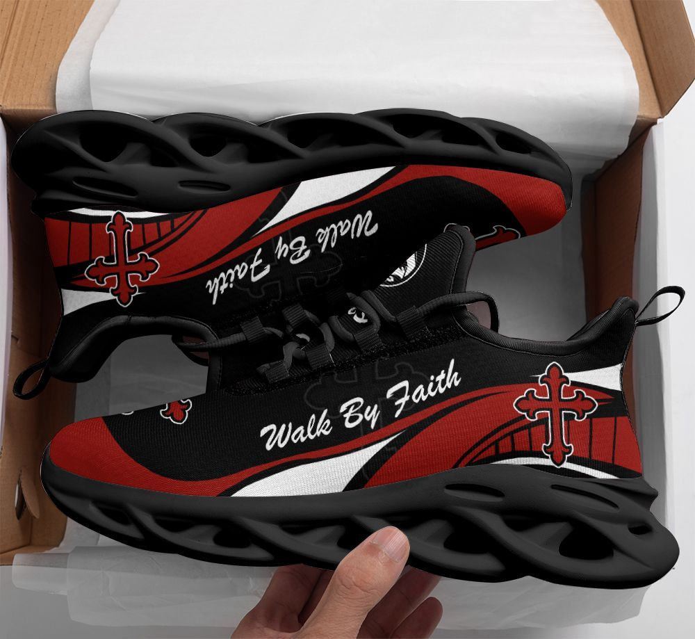 Christian Best Running Shoes, Jesus Walk By Faith Red And Black Running Sneakers Max Soul Shoes For Men And Women, Jesus Fashion Shoes