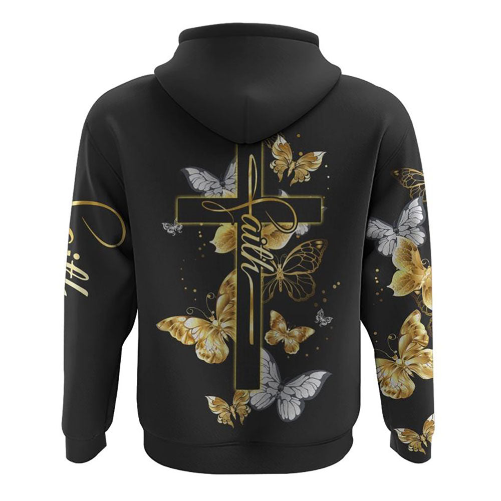 Faith Cross Gold Butterfly All Over Print 3D Hoodie, Christian Hoodie, Christian Sweatshirt, Bible Verse Shirt