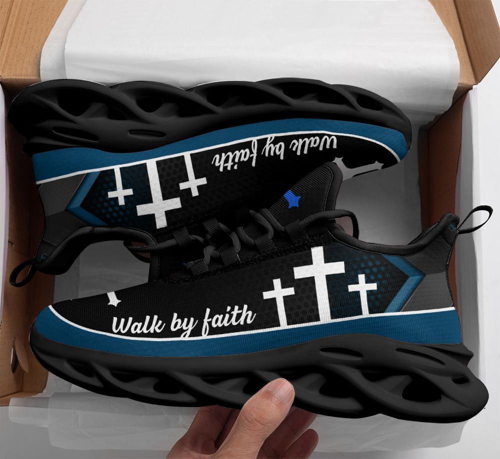 Christian Best Running Shoes, Jesus Walk By Faith Running Sneakers Christ Blue Max Soul Shoes For Men And Women, Jesus Fashion Shoes