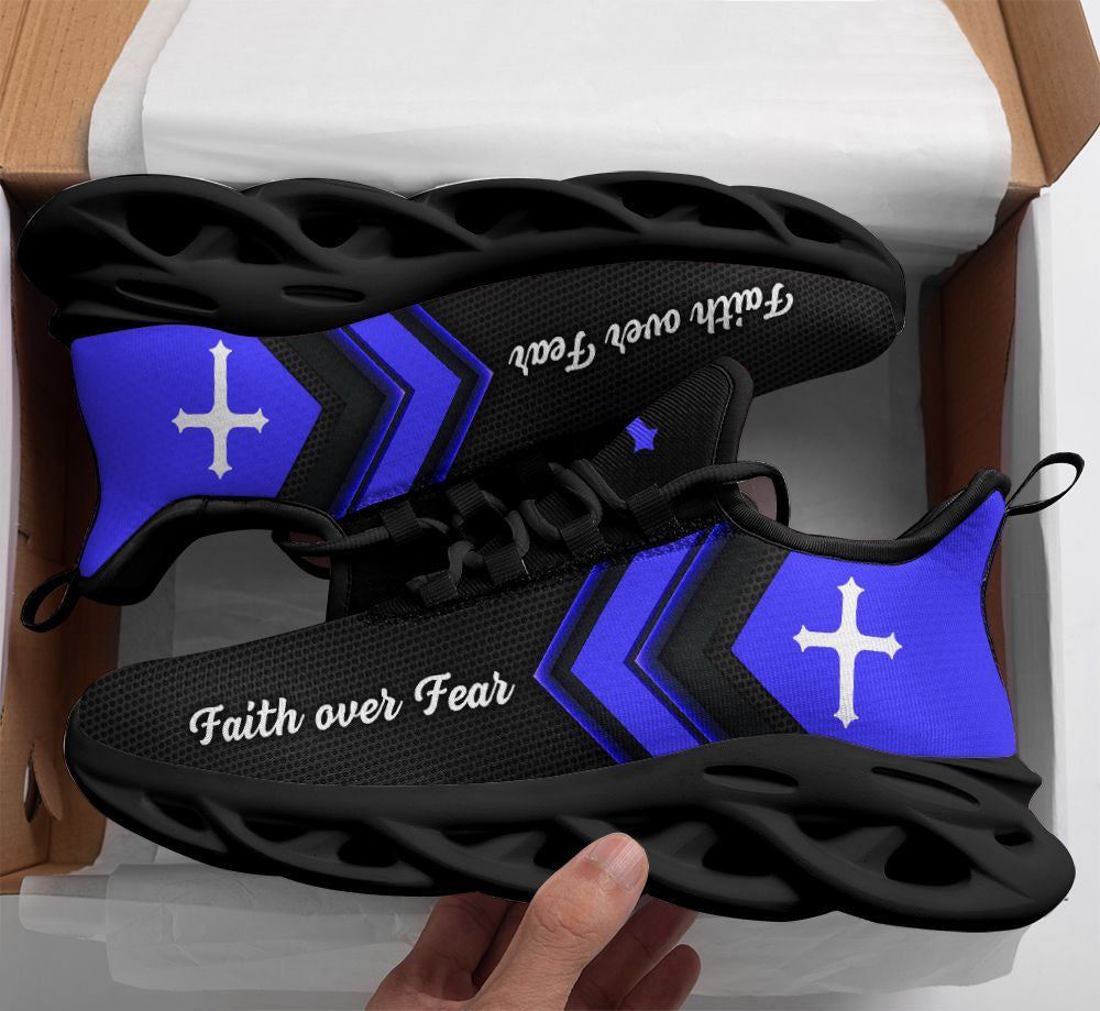 Christian Best Running Shoes, Jesus Faith Over Fear Running Sneakers Blue Black Max Soul Shoes For Men And Women, Jesus Fashion Shoes