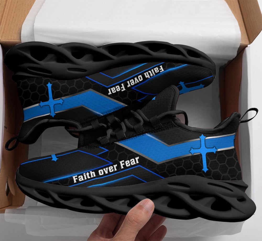 Christian Best Running Shoes, Jesus Faith Over Fear Running Sneakers Black Blue Max Soul Shoes For Men And Women, Jesus Fashion Shoes