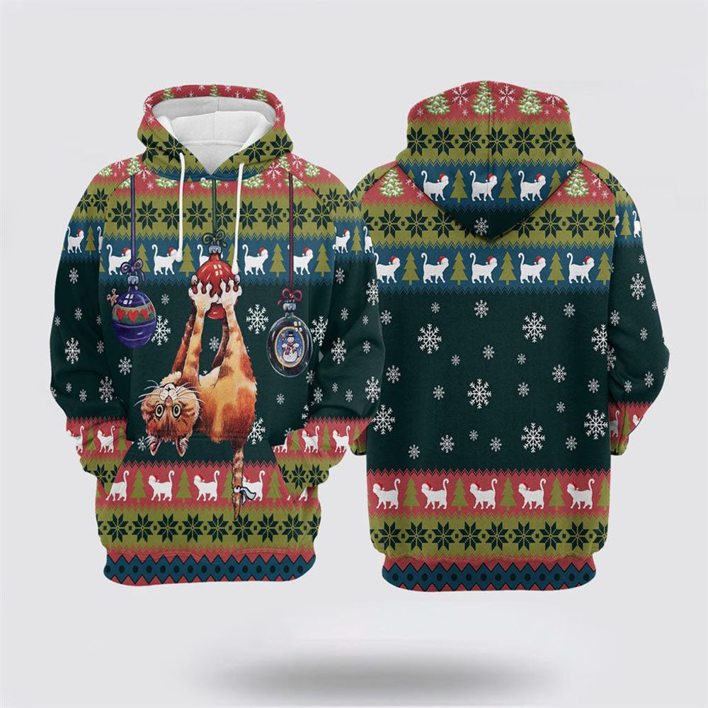 Cat Hanging On Christmas Tree All Over Print 3D Hoodie For Men And Women, Christmas Cat Hoodie, Christmas Hoodie Cute, Christmas Fashion