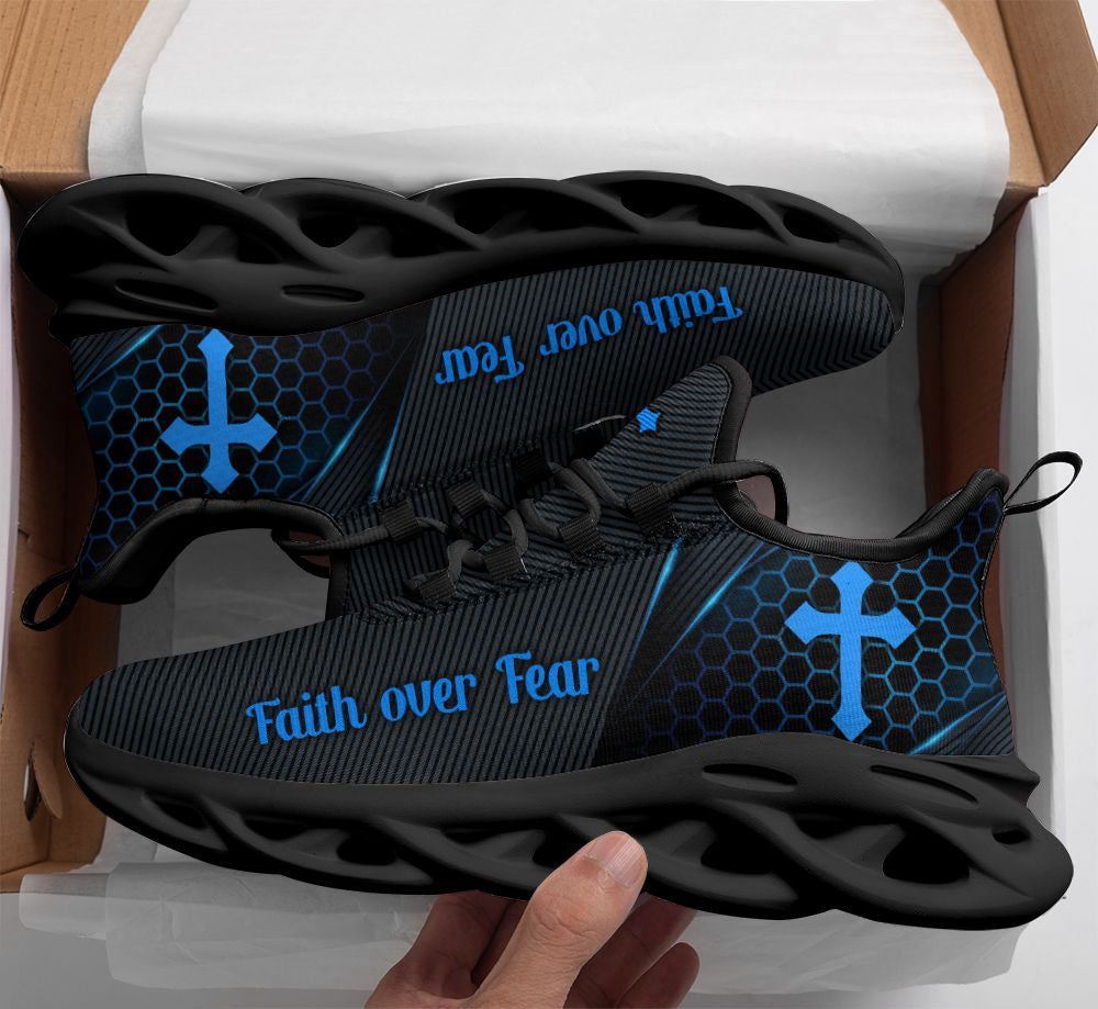 Christian Best Running Shoes, Jesus Faith Over Fear Running Sneakers Black And Blue Max Soul Shoes For Men And Women, Jesus Fashion Shoes