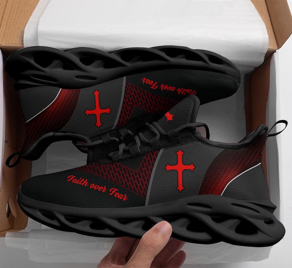 Christian Best Running Shoes, Jesus Faith Over Fear Running Sneakers Black Max Soul Shoes For Men And Women, Jesus Fashion Shoes