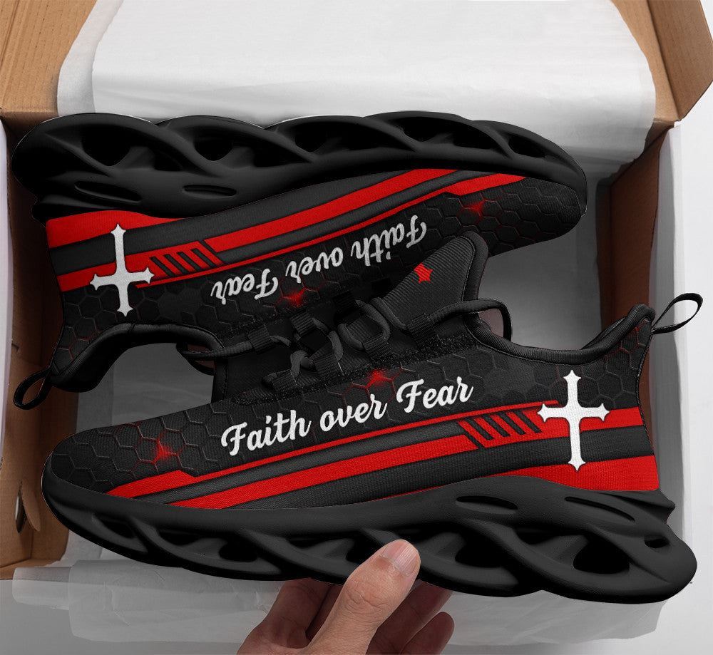 Christian Best Running Shoes, Jesus Red Black Faith Over Fear Running Sneakers Max Soul Shoes For Men And Women, Jesus Fashion Shoes